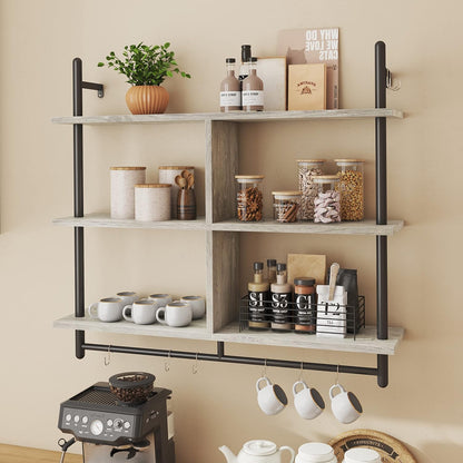 41.5" Floating Shelves for Wall 3 Tier Kitchen Shelves Wall Mounted Coffee Bar Shelf Hanging Shelf with 8 Hooks, Industrial Display Pipe Shelving for Kitchen Living Room Bathroom, Rustic Brown