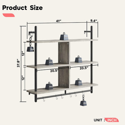 41.5" Floating Shelves for Wall 3 Tier Kitchen Shelves Wall Mounted Coffee Bar Shelf Hanging Shelf with 8 Hooks, Industrial Display Pipe Shelving for Kitchen Living Room Bathroom, Rustic Brown