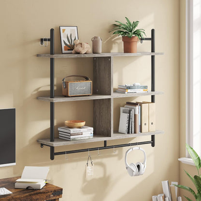 41.5" Floating Shelves for Wall 3 Tier Kitchen Shelves Wall Mounted Coffee Bar Shelf Hanging Shelf with 8 Hooks, Industrial Display Pipe Shelving for Kitchen Living Room Bathroom, Rustic Brown
