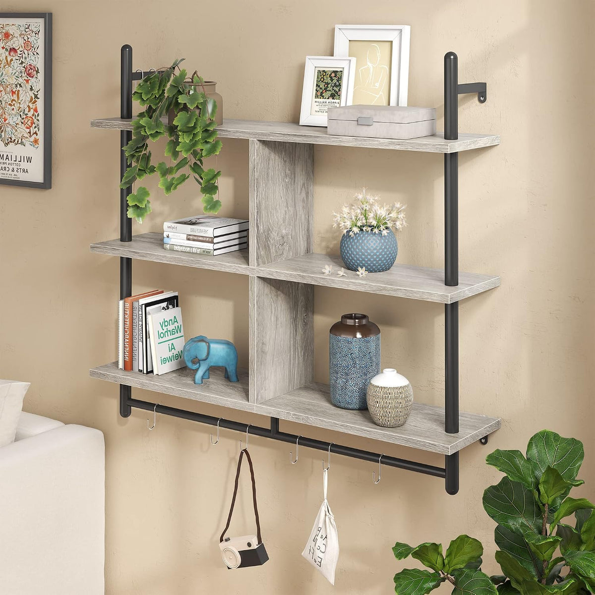 41.5" Floating Shelves for Wall 3 Tier Kitchen Shelves Wall Mounted Coffee Bar Shelf Hanging Shelf with 8 Hooks, Industrial Display Pipe Shelving for Kitchen Living Room Bathroom, Rustic Brown