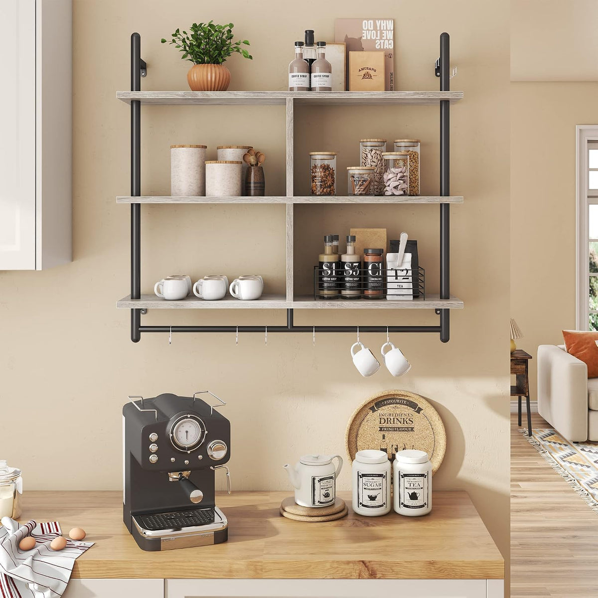 41.5" Floating Shelves for Wall 3 Tier Kitchen Shelves Wall Mounted Coffee Bar Shelf Hanging Shelf with 8 Hooks, Industrial Display Pipe Shelving for Kitchen Living Room Bathroom, Rustic Brown