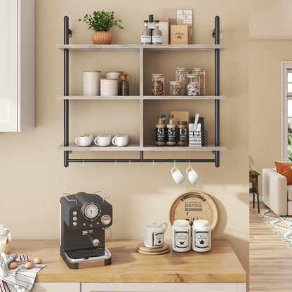 41.5" Floating Shelves for Wall 3 Tier Kitchen Shelves Wall Mounted Coffee Bar Shelf Hanging Shelf with 8 Hooks, Industrial Display Pipe Shelving for Kitchen Living Room Bathroom, Rustic Brown