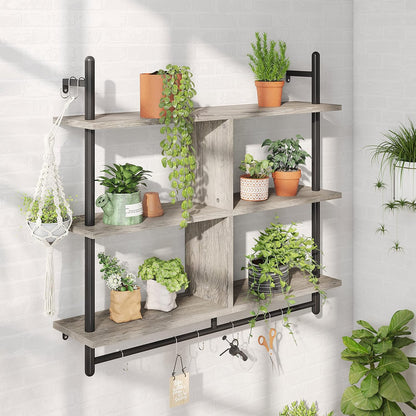 41.5" Floating Shelves for Wall 3 Tier Kitchen Shelves Wall Mounted Coffee Bar Shelf Hanging Shelf with 8 Hooks, Industrial Display Pipe Shelving for Kitchen Living Room Bathroom, Rustic Brown
