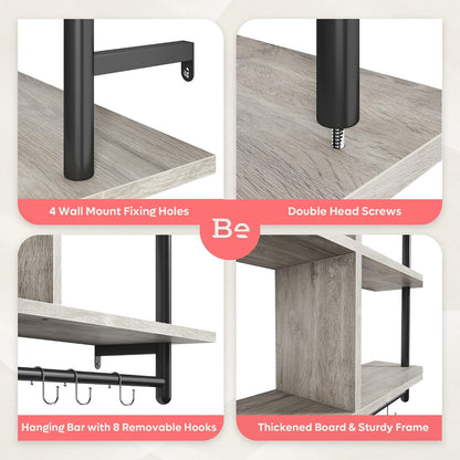 41.5" Floating Shelves for Wall 3 Tier Kitchen Shelves Wall Mounted Coffee Bar Shelf Hanging Shelf with 8 Hooks, Industrial Display Pipe Shelving for Kitchen Living Room Bathroom, Rustic Brown