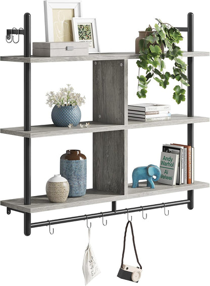 41.5" Floating Shelves for Wall 3 Tier Kitchen Shelves Wall Mounted Coffee Bar Shelf Hanging Shelf with 8 Hooks, Industrial Display Pipe Shelving for Kitchen Living Room Bathroom, Rustic Brown