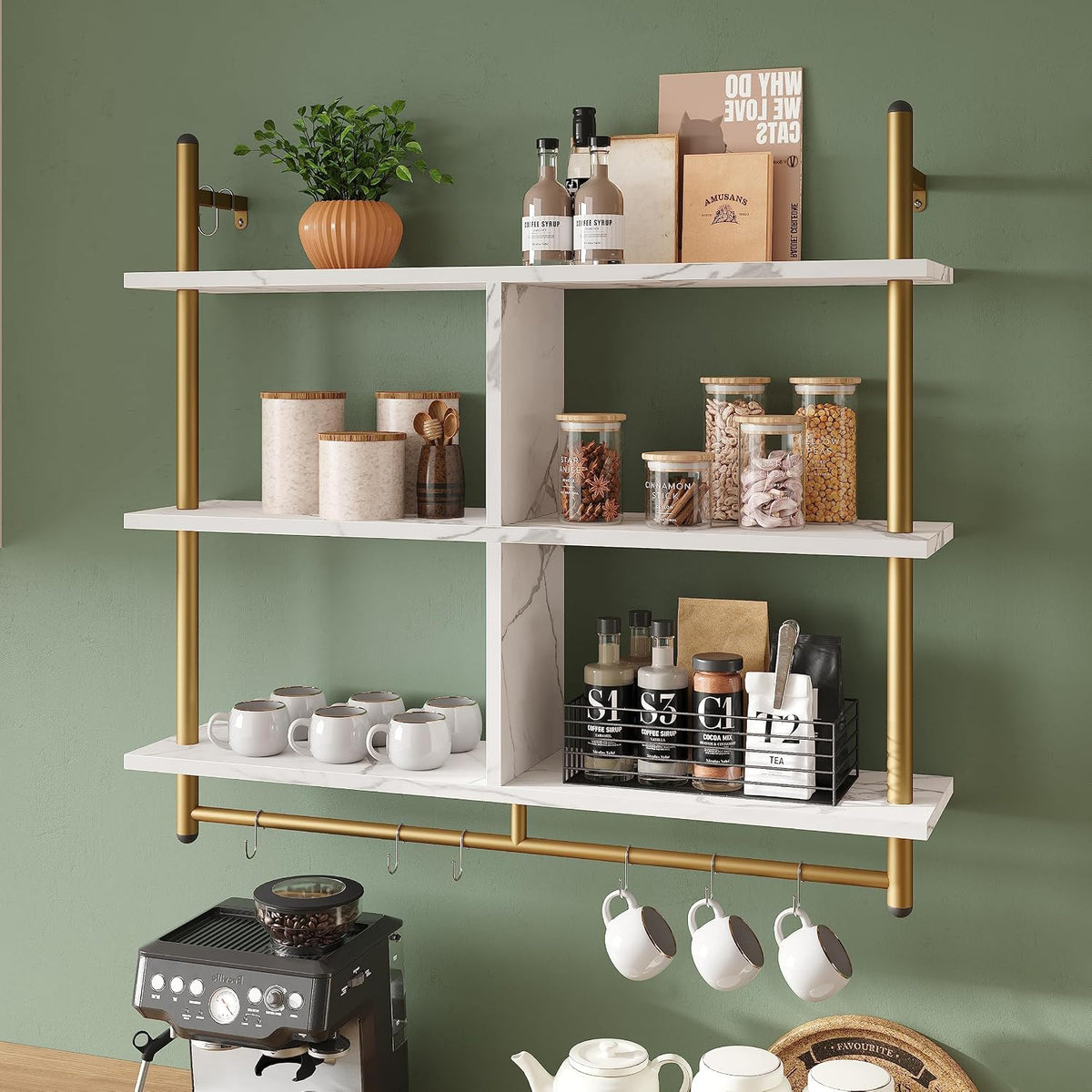 41.5" Floating Shelves for Wall 3 Tier Kitchen Shelves Wall Mounted Coffee Bar Shelf Hanging Shelf with 8 Hooks, Industrial Display Pipe Shelving for Kitchen Living Room Bathroom, Rustic Brown
