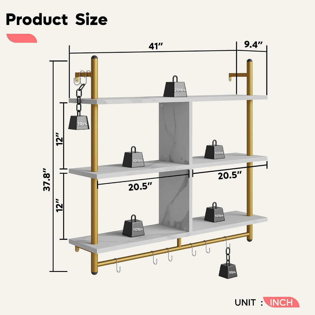 41.5" Floating Shelves for Wall 3 Tier Kitchen Shelves Wall Mounted Coffee Bar Shelf Hanging Shelf with 8 Hooks, Industrial Display Pipe Shelving for Kitchen Living Room Bathroom, Rustic Brown