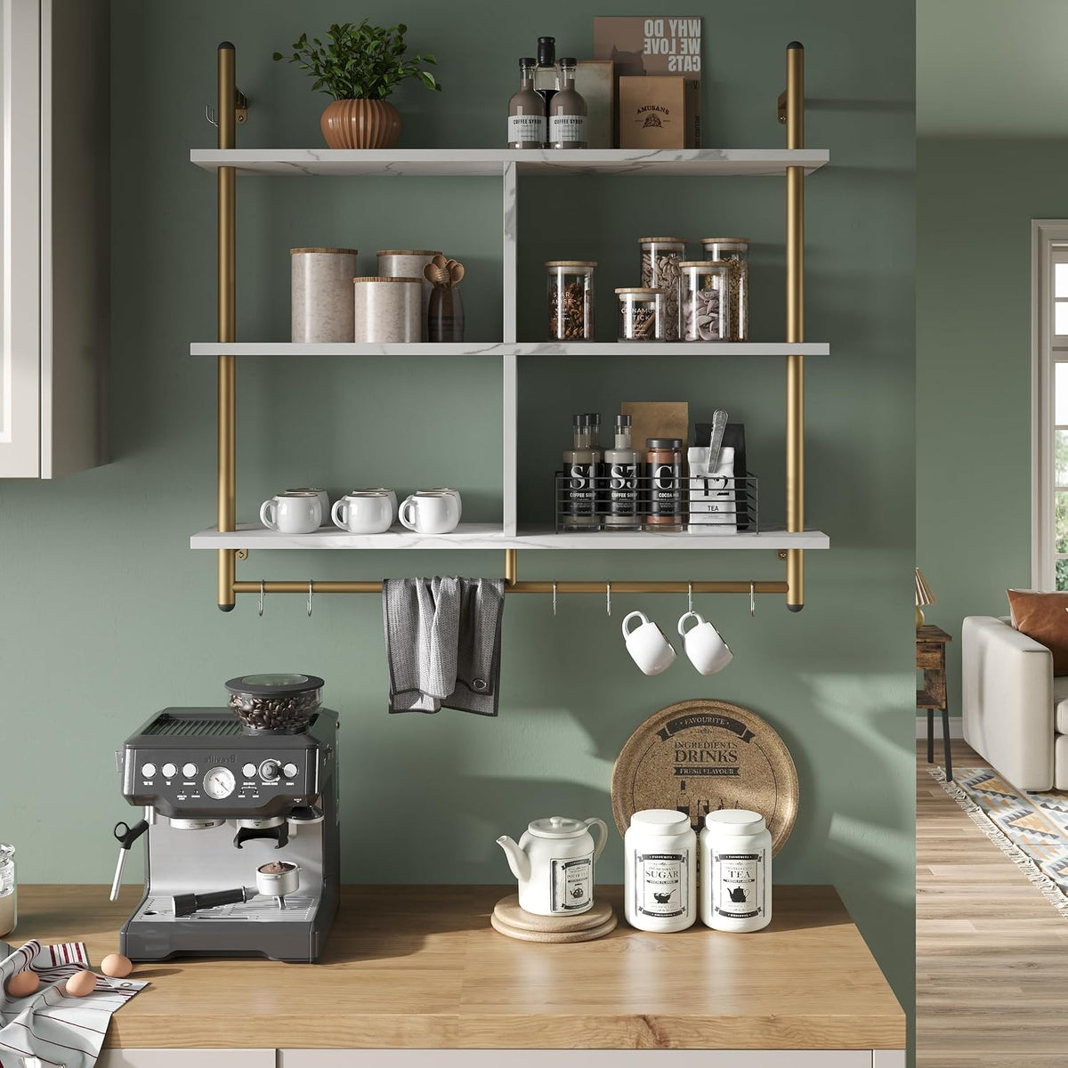 41.5" Floating Shelves for Wall 3 Tier Kitchen Shelves Wall Mounted Coffee Bar Shelf Hanging Shelf with 8 Hooks, Industrial Display Pipe Shelving for Kitchen Living Room Bathroom, Rustic Brown