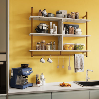 41.5" Floating Shelves for Wall 3 Tier Kitchen Shelves Wall Mounted Coffee Bar Shelf Hanging Shelf with 8 Hooks, Industrial Display Pipe Shelving for Kitchen Living Room Bathroom, Rustic Brown