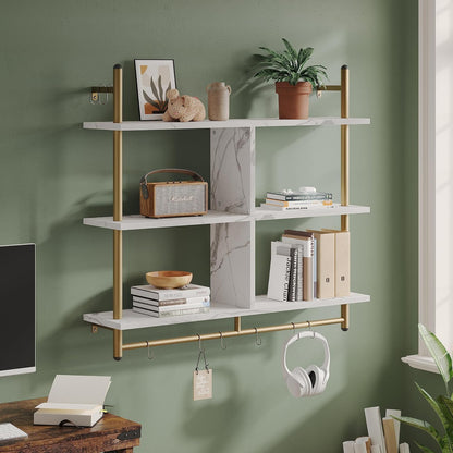 41.5" Floating Shelves for Wall 3 Tier Kitchen Shelves Wall Mounted Coffee Bar Shelf Hanging Shelf with 8 Hooks, Industrial Display Pipe Shelving for Kitchen Living Room Bathroom, Rustic Brown