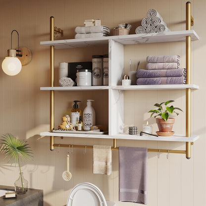 41.5" Floating Shelves for Wall 3 Tier Kitchen Shelves Wall Mounted Coffee Bar Shelf Hanging Shelf with 8 Hooks, Industrial Display Pipe Shelving for Kitchen Living Room Bathroom, Rustic Brown