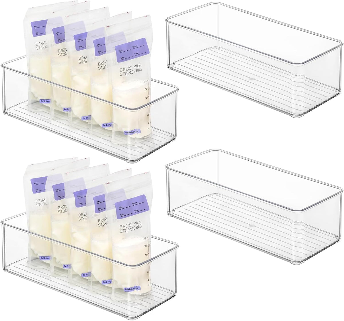 4 Pcs Storage Container Breastmilk for Fridge, Clear Organizer Bins for Milk Bags, Plastic Storage Bins for Freezer,Pantry, Bottles Bathroom, Vanity, Drawer and Yogurts,4.4" Wide