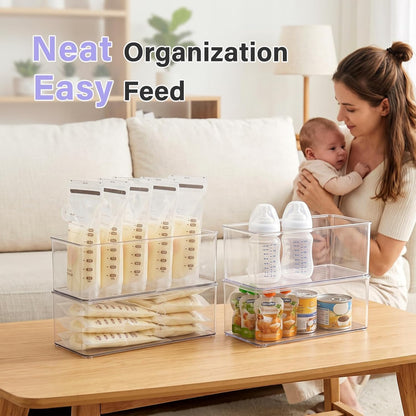 4 Pcs Storage Container Breastmilk for Fridge, Clear Organizer Bins for Milk Bags, Plastic Storage Bins for Freezer,Pantry, Bottles Bathroom, Vanity, Drawer and Yogurts,4.4" Wide