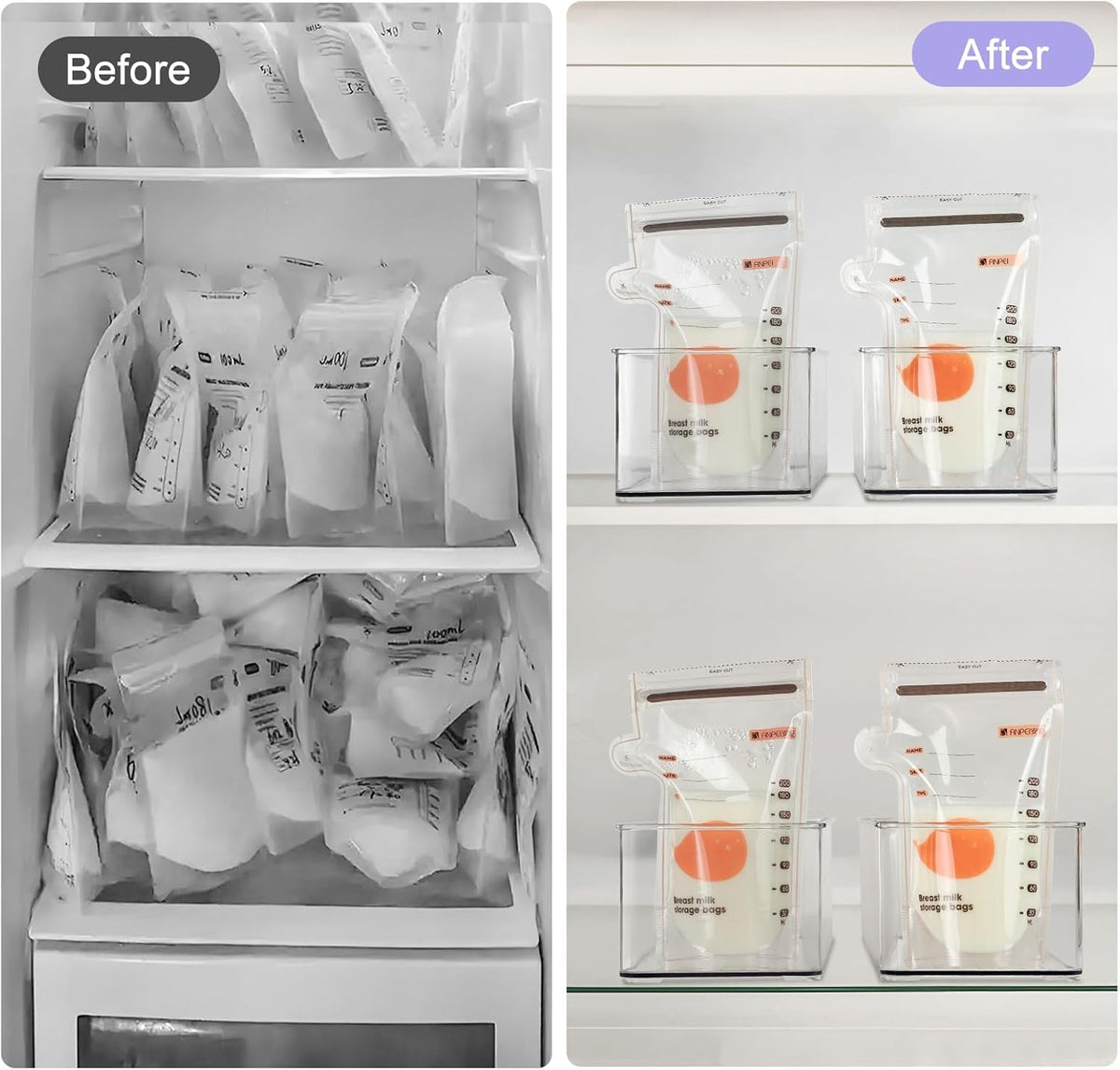 4 Pcs Storage Container Breastmilk for Fridge, Clear Organizer Bins for Milk Bags, Plastic Storage Bins for Freezer,Pantry, Bottles Bathroom, Vanity, Drawer and Yogurts,4.4" Wide