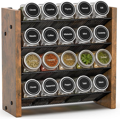 Spice Rack Organizer for Cabinet, Wood 4-Tier Vertical Seasoning Organizer, Wall Mount or Countertop Spice Shelf, Holds 28 Jars (No Jars Included), 14" W x 9.4" H