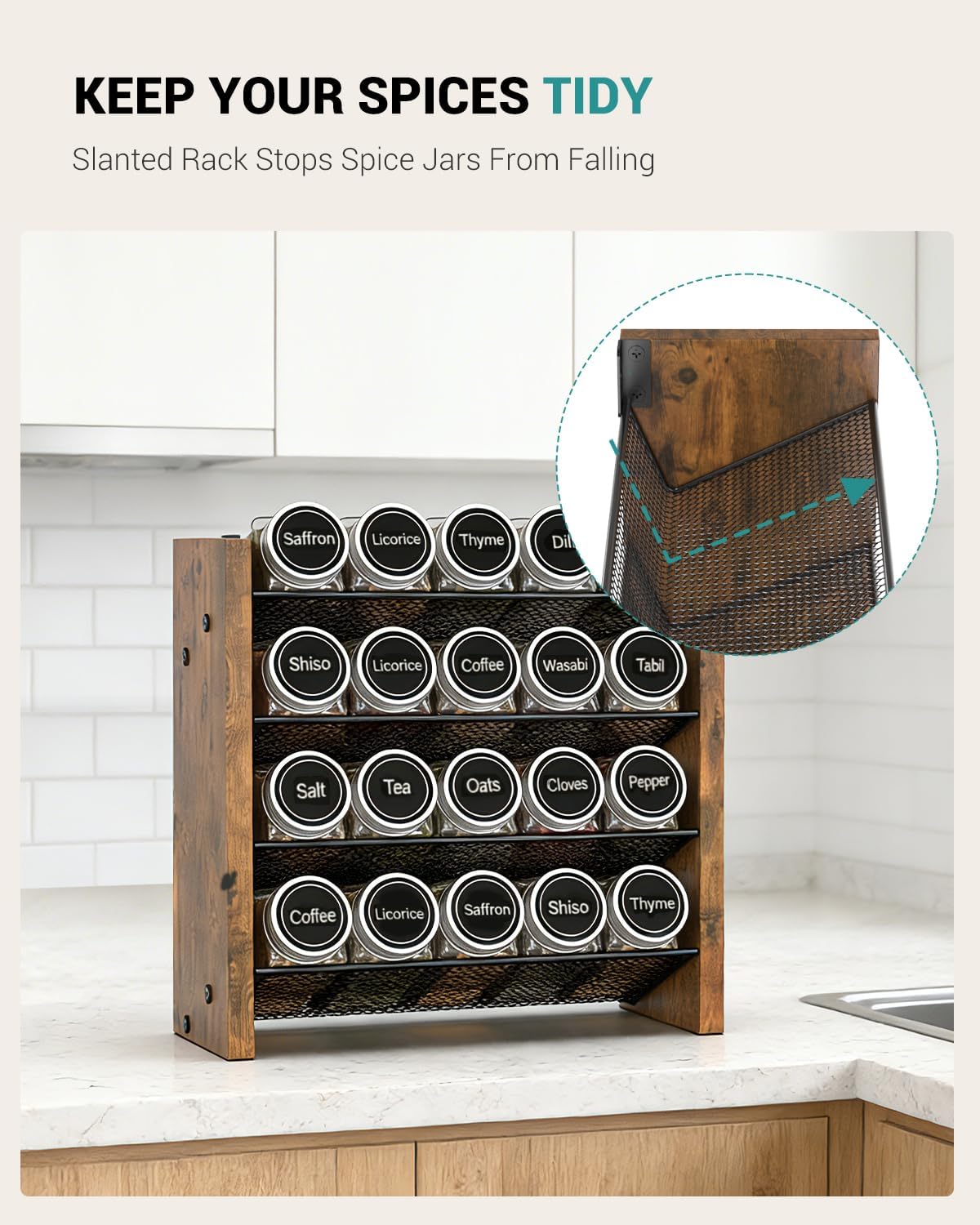 Spice Rack Organizer for Cabinet, Wood 4-Tier Vertical Seasoning Organizer, Wall Mount or Countertop Spice Shelf, Holds 28 Jars (No Jars Included), 14" W x 9.4" H