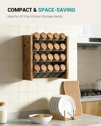 Spice Rack Organizer for Cabinet, Wood 4-Tier Vertical Seasoning Organizer, Wall Mount or Countertop Spice Shelf, Holds 28 Jars (No Jars Included), 14" W x 9.4" H