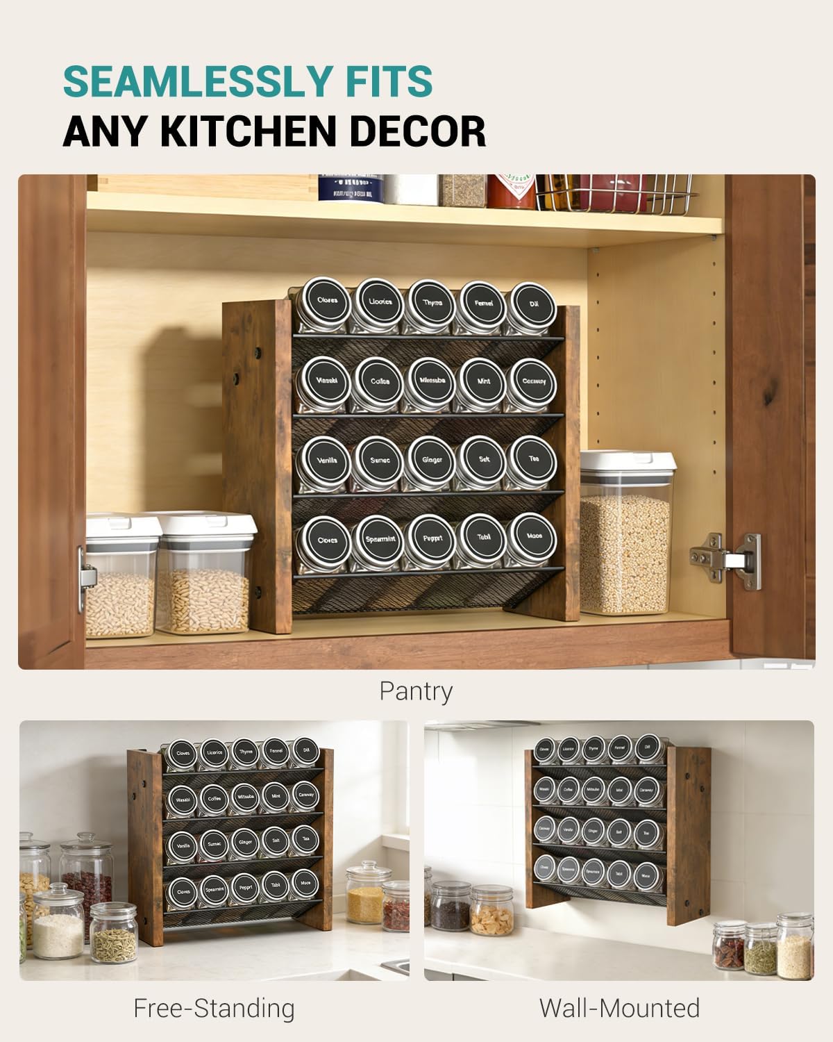 Spice Rack Organizer for Cabinet, Wood 4-Tier Vertical Seasoning Organizer, Wall Mount or Countertop Spice Shelf, Holds 28 Jars (No Jars Included), 14" W x 9.4" H