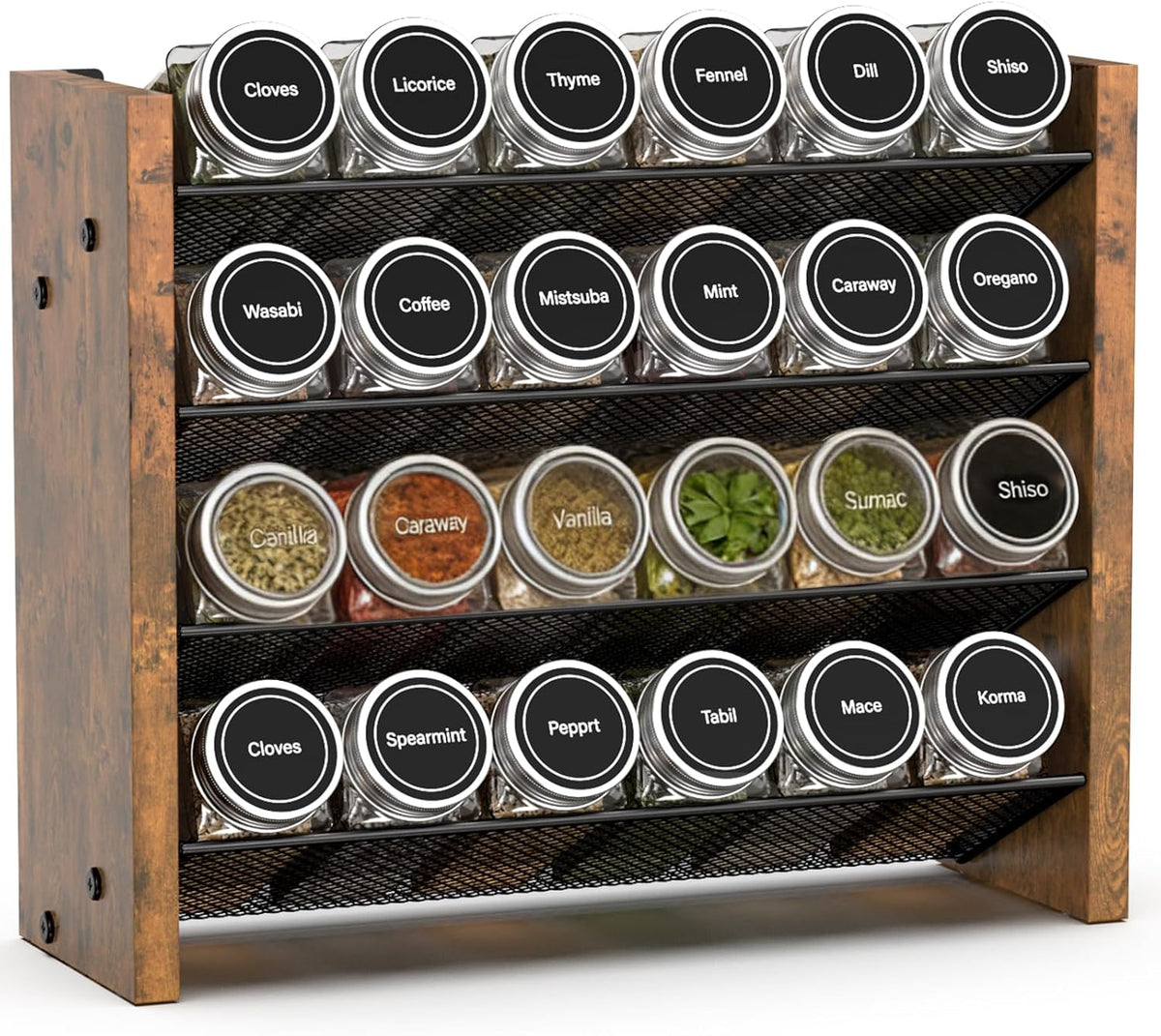 Spice Rack Organizer for Cabinet, Wood 4-Tier Vertical Seasoning Organizer, Wall Mount or Countertop Spice Shelf, Holds 28 Jars (No Jars Included), 14" W x 9.4" H