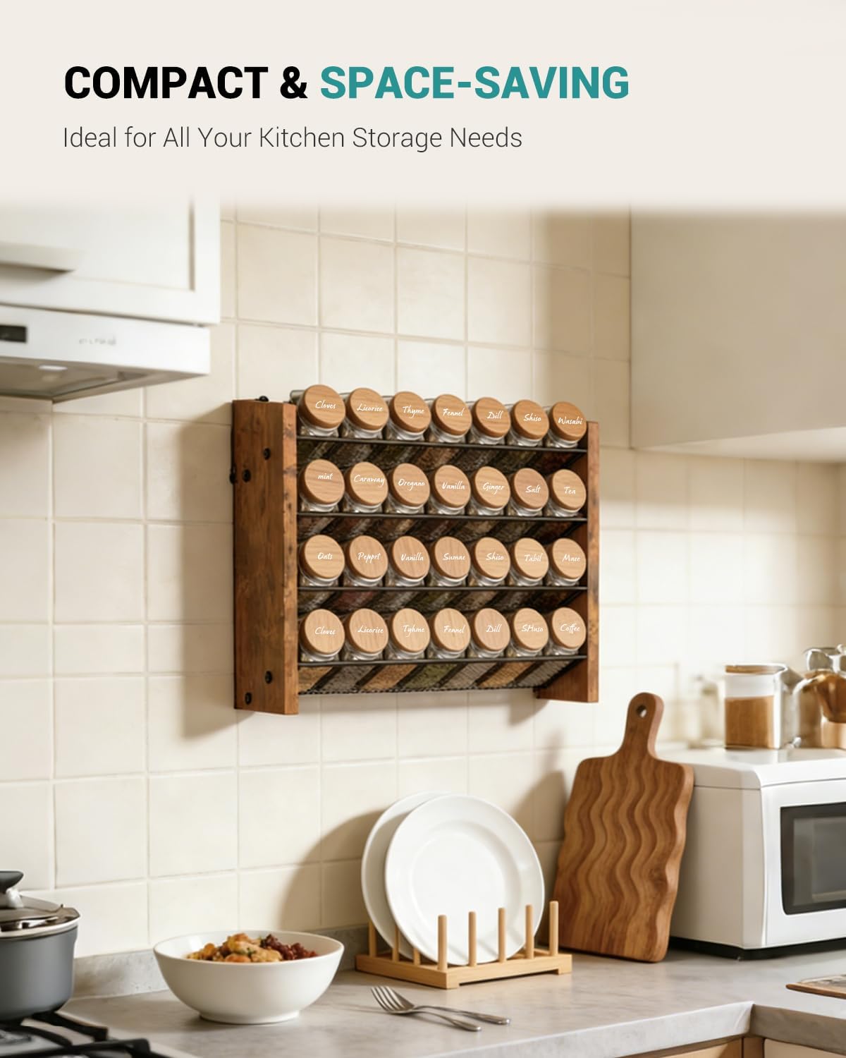 Spice Rack Organizer for Cabinet, Wood 4-Tier Vertical Seasoning Organizer, Wall Mount or Countertop Spice Shelf, Holds 28 Jars (No Jars Included), 14" W x 9.4" H