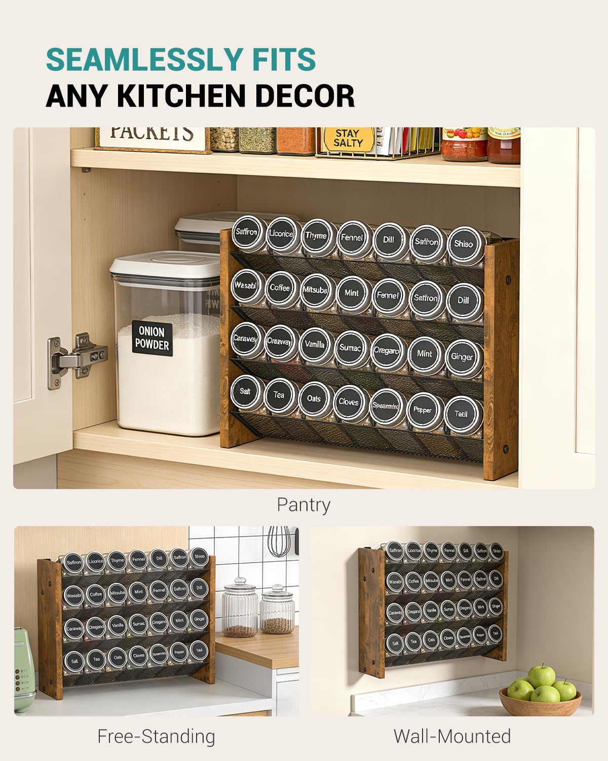 Spice Rack Organizer for Cabinet, Wood 4-Tier Vertical Seasoning Organizer, Wall Mount or Countertop Spice Shelf, Holds 28 Jars (No Jars Included), 14" W x 9.4" H
