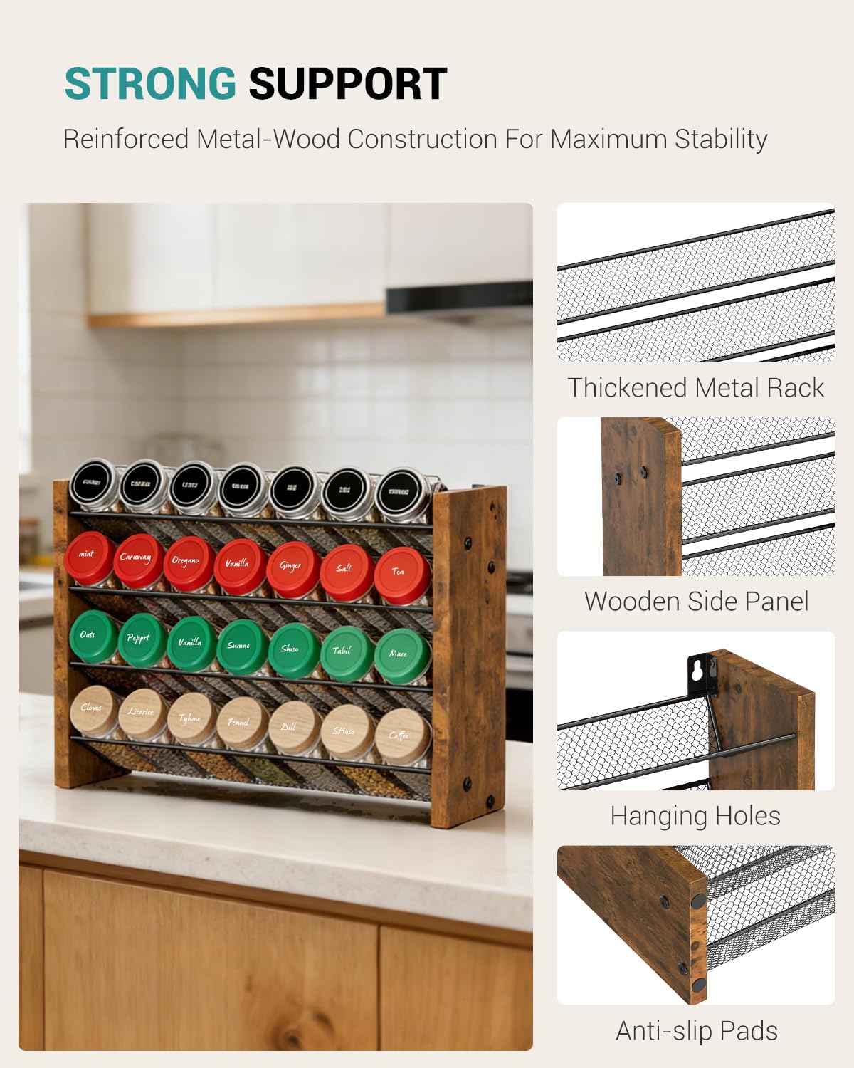 Spice Rack Organizer for Cabinet, Wood 4-Tier Vertical Seasoning Organizer, Wall Mount or Countertop Spice Shelf, Holds 28 Jars (No Jars Included), 14" W x 9.4" H