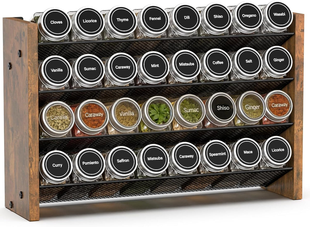 Spice Rack Organizer for Cabinet, Wood 4-Tier Vertical Seasoning Organizer, Wall Mount or Countertop Spice Shelf, Holds 28 Jars (No Jars Included), 14" W x 9.4" H