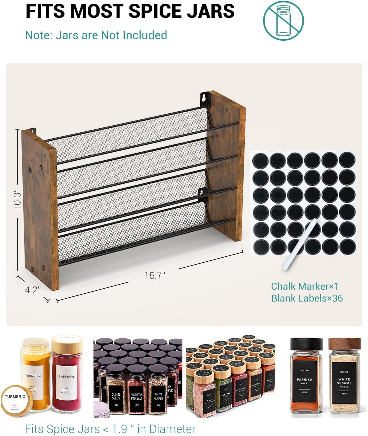Spice Rack Organizer for Cabinet, Wood 4-Tier Vertical Seasoning Organizer, Wall Mount or Countertop Spice Shelf, Holds 28 Jars (No Jars Included), 14" W x 9.4" H