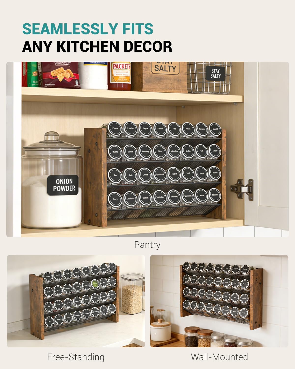 Spice Rack Organizer for Cabinet, Wood 4-Tier Vertical Seasoning Organizer, Wall Mount or Countertop Spice Shelf, Holds 28 Jars (No Jars Included), 14" W x 9.4" H