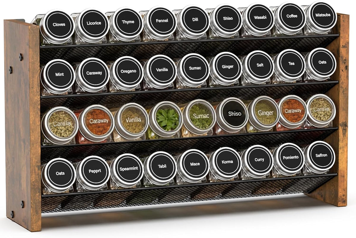 Spice Rack Organizer for Cabinet, Wood 4-Tier Vertical Seasoning Organizer, Wall Mount or Countertop Spice Shelf, Holds 28 Jars (No Jars Included), 14" W x 9.4" H