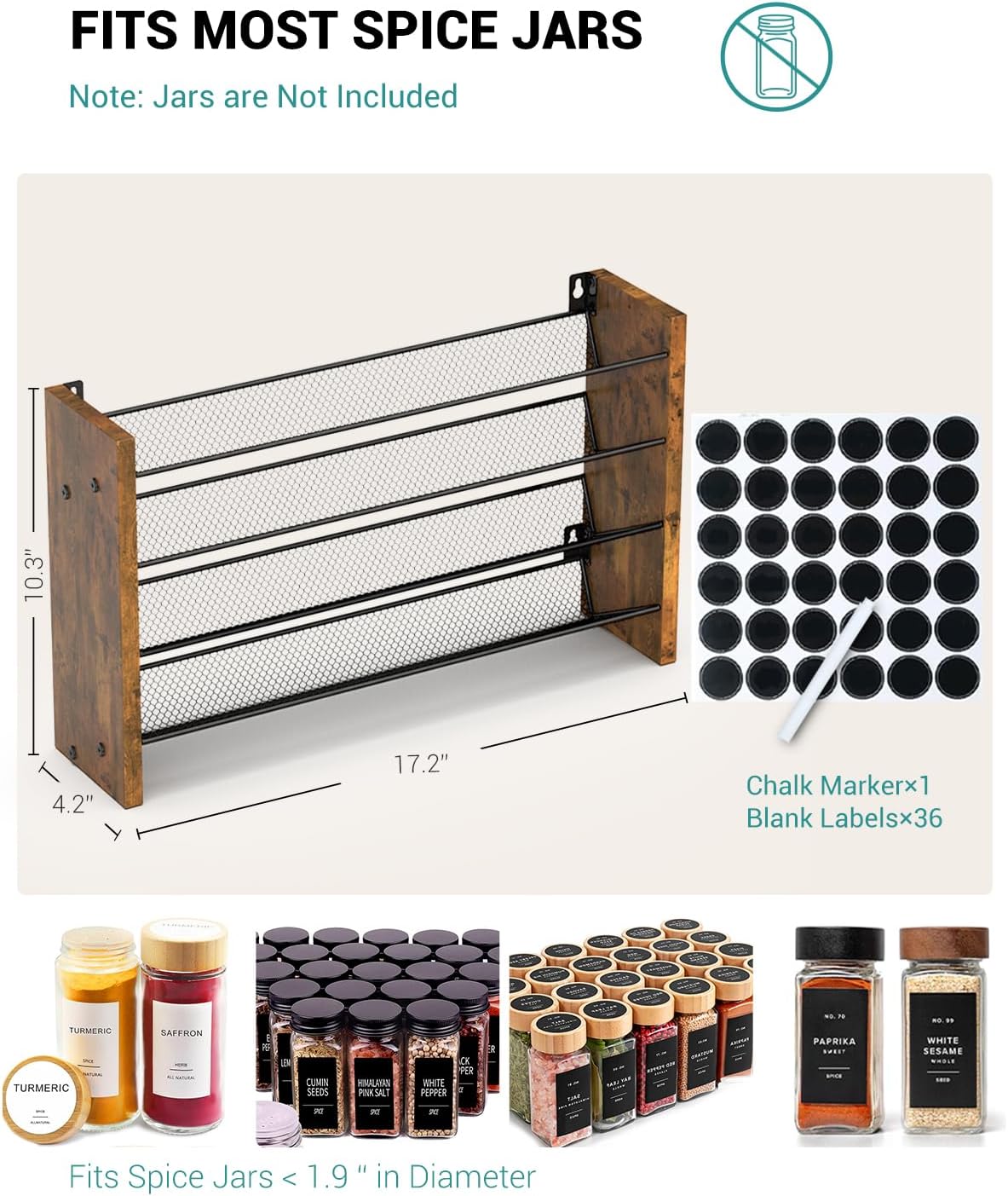 Spice Rack Organizer for Cabinet, Wood 4-Tier Vertical Seasoning Organizer, Wall Mount or Countertop Spice Shelf, Holds 28 Jars (No Jars Included), 14" W x 9.4" H