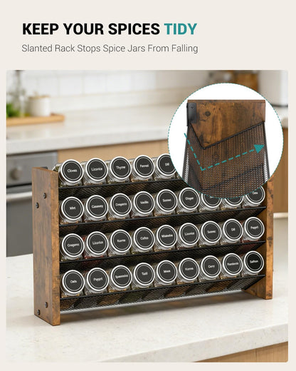 Spice Rack Organizer for Cabinet, Wood 4-Tier Vertical Seasoning Organizer, Wall Mount or Countertop Spice Shelf, Holds 28 Jars (No Jars Included), 14" W x 9.4" H