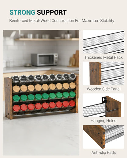 Spice Rack Organizer for Cabinet, Wood 4-Tier Vertical Seasoning Organizer, Wall Mount or Countertop Spice Shelf, Holds 28 Jars (No Jars Included), 14" W x 9.4" H