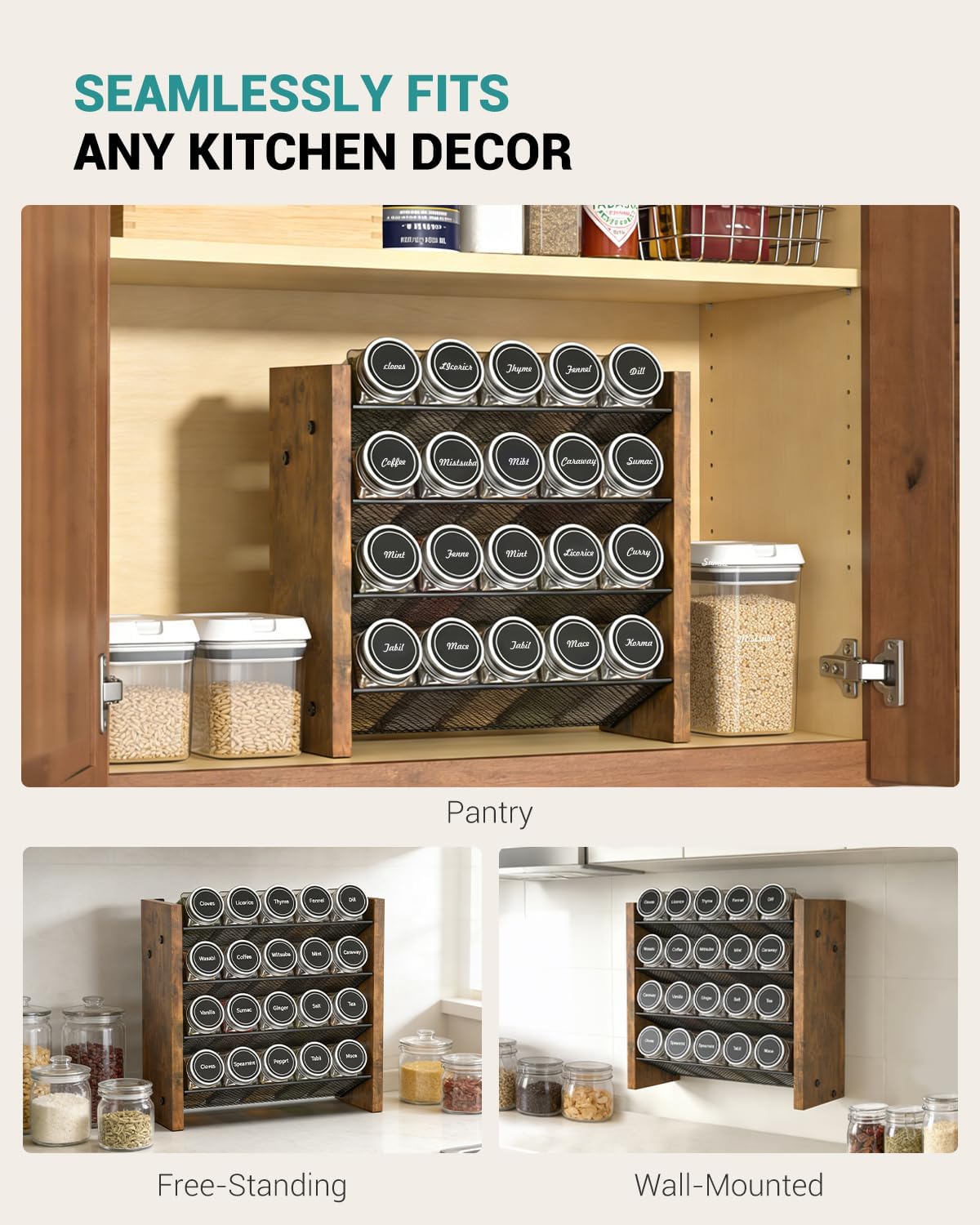 Spice Rack Organizer for Cabinet, Wood 4-Tier Vertical Seasoning Organizer, Wall Mount or Countertop Spice Shelf, Holds 28 Jars (No Jars Included), 14" W x 9.4" H