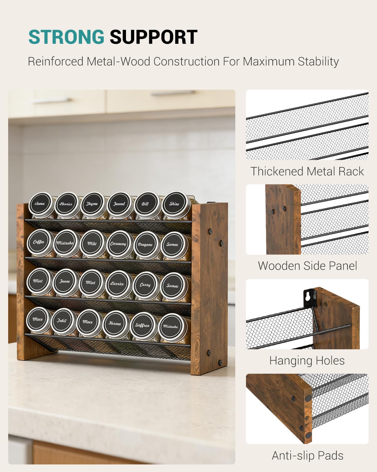 Spice Rack Organizer for Cabinet, Wood 4-Tier Vertical Seasoning Organizer, Wall Mount or Countertop Spice Shelf, Holds 28 Jars (No Jars Included), 14" W x 9.4" H