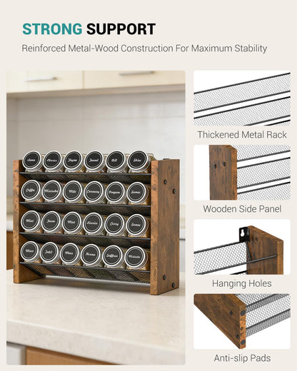 Spice Rack Organizer for Cabinet, Wood 4-Tier Vertical Seasoning Organizer, Wall Mount or Countertop Spice Shelf, Holds 28 Jars (No Jars Included), 14" W x 9.4" H
