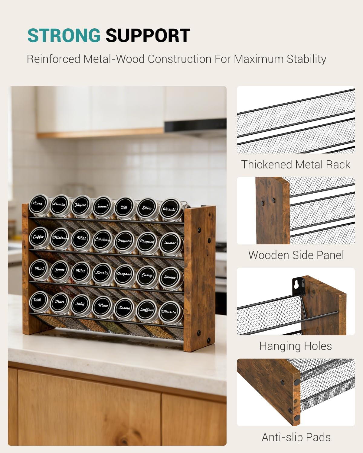 Spice Rack Organizer for Cabinet, Wood 4-Tier Vertical Seasoning Organizer, Wall Mount or Countertop Spice Shelf, Holds 28 Jars (No Jars Included), 14" W x 9.4" H