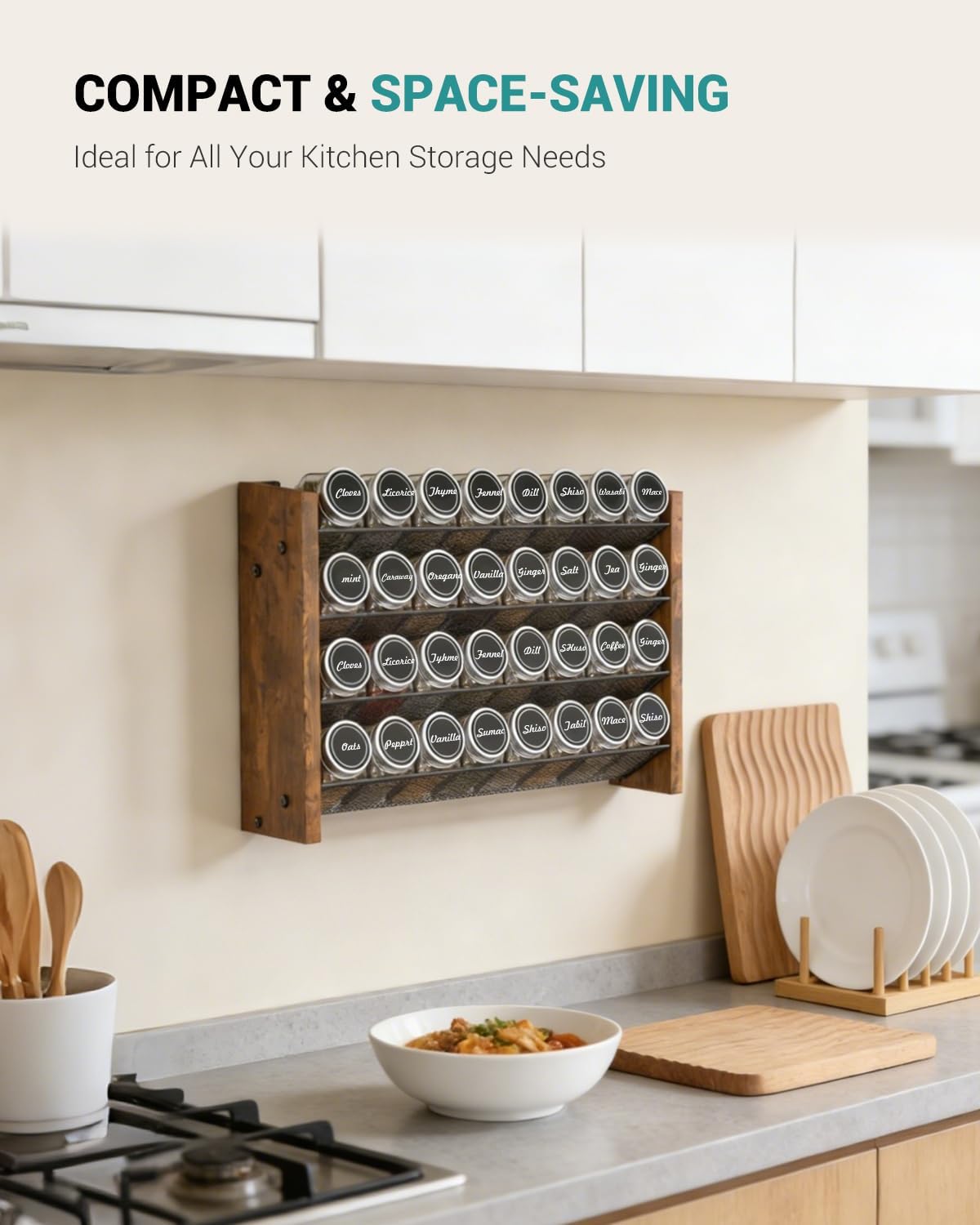 Spice Rack Organizer for Cabinet, Wood 4-Tier Vertical Seasoning Organizer, Wall Mount or Countertop Spice Shelf, Holds 28 Jars (No Jars Included), 14" W x 9.4" H