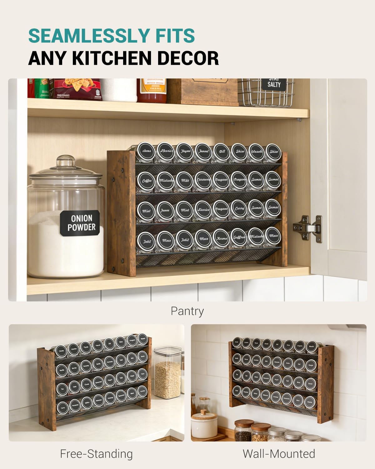 Spice Rack Organizer for Cabinet, Wood 4-Tier Vertical Seasoning Organizer, Wall Mount or Countertop Spice Shelf, Holds 28 Jars (No Jars Included), 14" W x 9.4" H