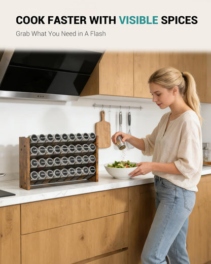 Spice Rack Organizer for Cabinet, Wood 4-Tier Vertical Seasoning Organizer, Wall Mount or Countertop Spice Shelf, Holds 28 Jars (No Jars Included), 14" W x 9.4" H