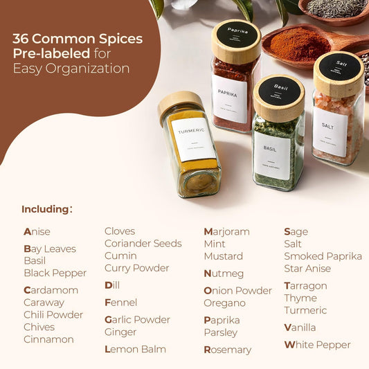 Glass Spice Jars with with Labels 4 oz 24 Pack Bamboo Lids Bulk Set | Empty Containers, Seasoning Herb Powder, Salt Pepper Chili, Spice Rack Organization, Kitchen Cabinet Storage, Funnel Included