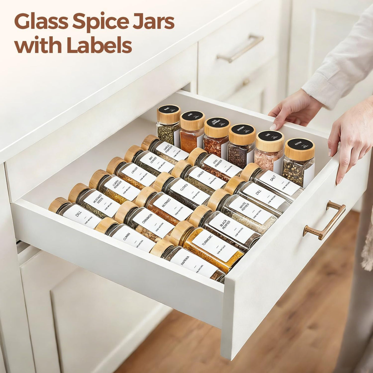 Glass Spice Jars with with Labels 4 oz 24 Pack Bamboo Lids Bulk Set | Empty Containers, Seasoning Herb Powder, Salt Pepper Chili, Spice Rack Organization, Kitchen Cabinet Storage, Funnel Included