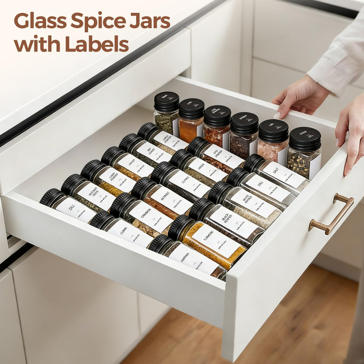Glass Spice Jars with with Labels 4 oz 24 Pack Bamboo Lids Bulk Set | Empty Containers, Seasoning Herb Powder, Salt Pepper Chili, Spice Rack Organization, Kitchen Cabinet Storage, Funnel Included