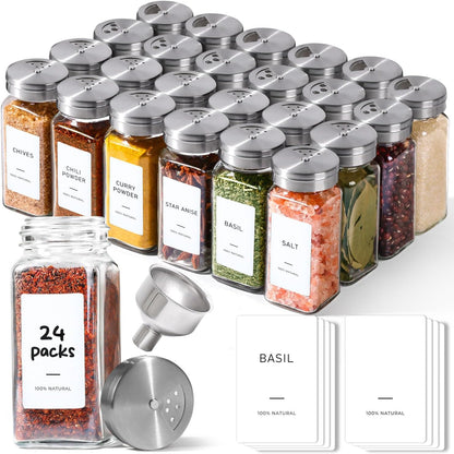 Glass Spice Jars with with Labels 4 oz 24 Pack Bamboo Lids Bulk Set | Empty Containers, Seasoning Herb Powder, Salt Pepper Chili, Spice Rack Organization, Kitchen Cabinet Storage, Funnel Included