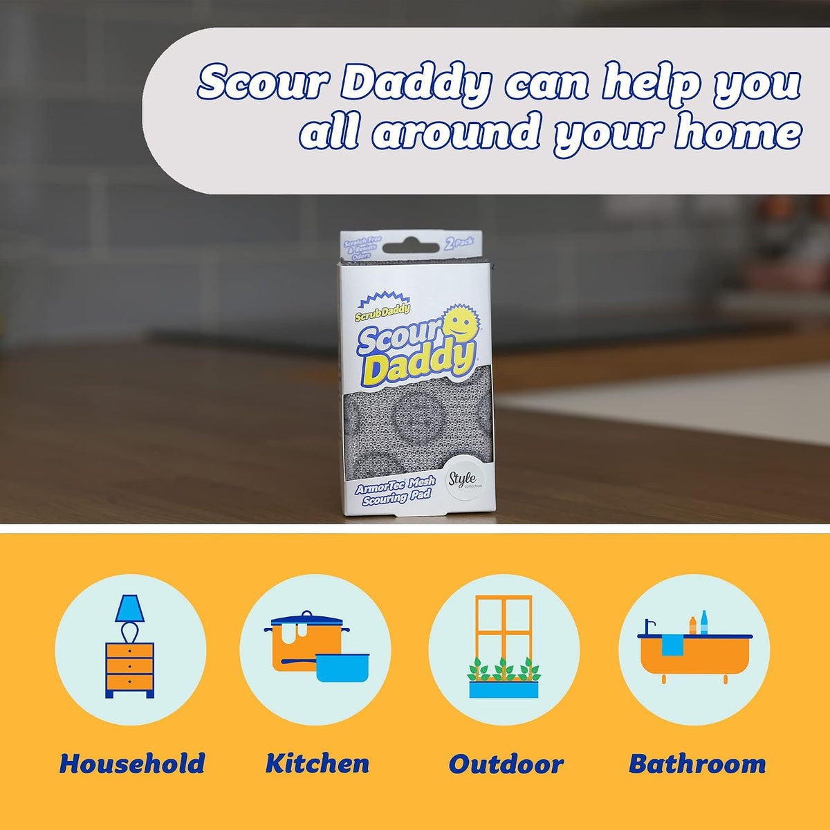 Scour Daddy Style, Scourers Non Scratch Scrubbing Sponge, Scouring Pads, Kitchen Sponges for Dishes, Dishwashing Pan Scrubber, Cleaning Supplies, Dish Sponges for Washing up, Pack of 2