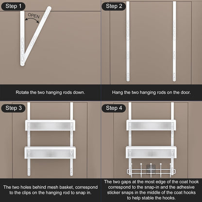 Over the Door Hooks Organizer,Door Hanger Fits Doors 1 3/4" White