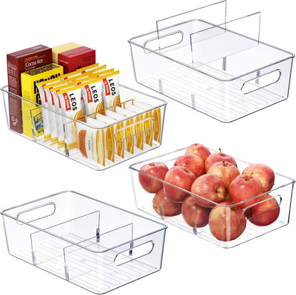Pantry Organizers and Storage, Clear Fridge Organizer Bins | Clear stackable plastic bins with removable dividers for packets, snacks, pouches and spices in pantry, fridge or freezer.