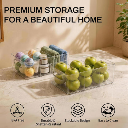 Pantry Organizers and Storage, Clear Fridge Organizer Bins | Clear stackable plastic bins with removable dividers for packets, snacks, pouches and spices in pantry, fridge or freezer.