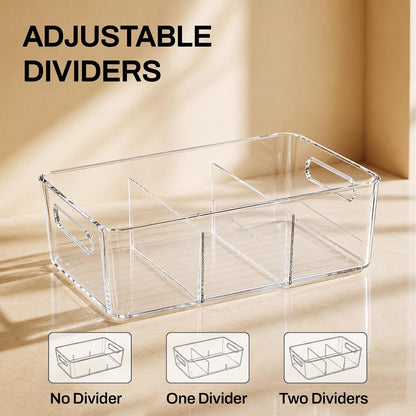 Pantry Organizers and Storage, Clear Fridge Organizer Bins | Clear stackable plastic bins with removable dividers for packets, snacks, pouches and spices in pantry, fridge or freezer.