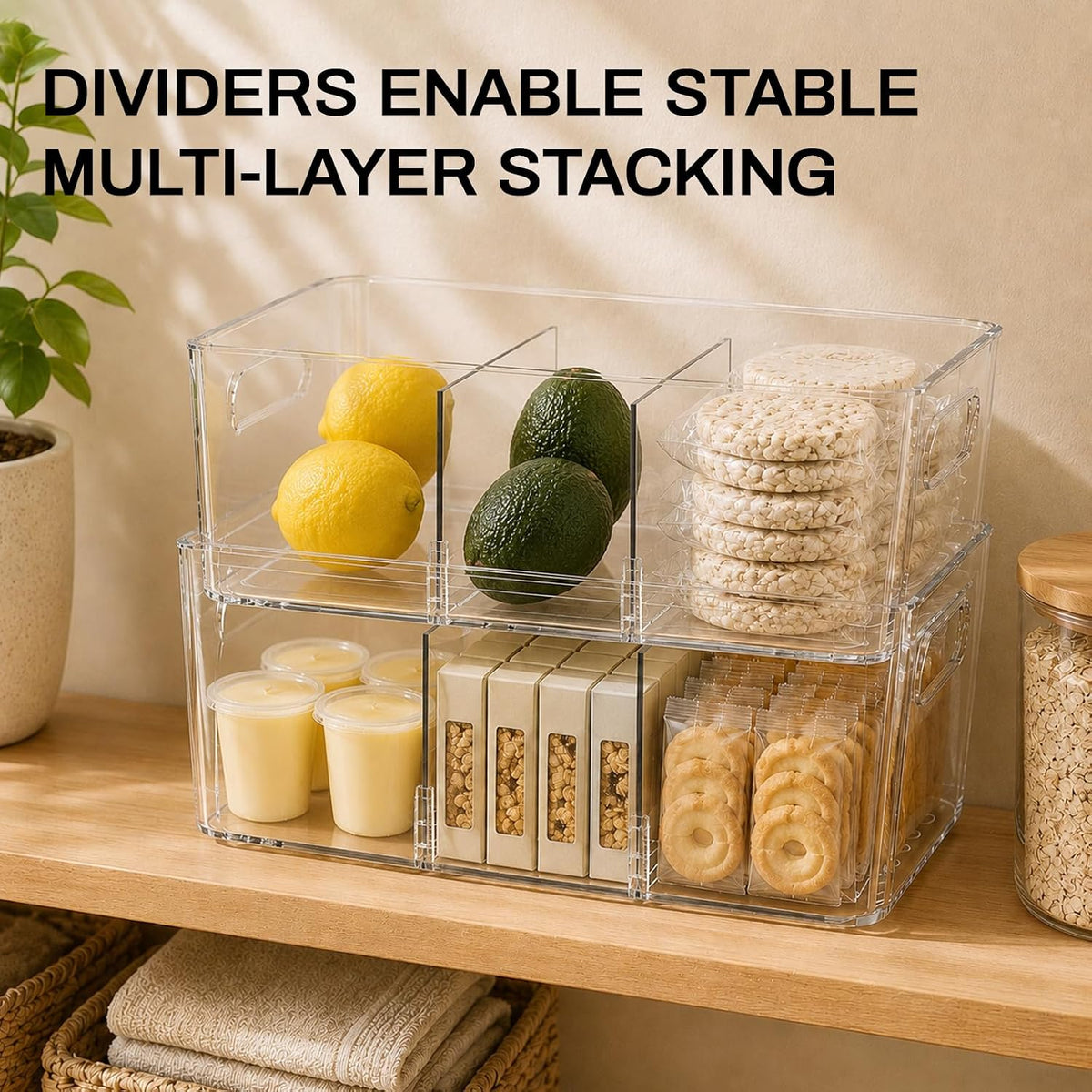 Pantry Organizers and Storage, Clear Fridge Organizer Bins | Clear stackable plastic bins with removable dividers for packets, snacks, pouches and spices in pantry, fridge or freezer.